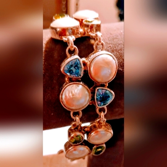 Vintage Sterling silver Three Stone Toggle design pattern Gemstone Bracelet. - Picture 9 of 15